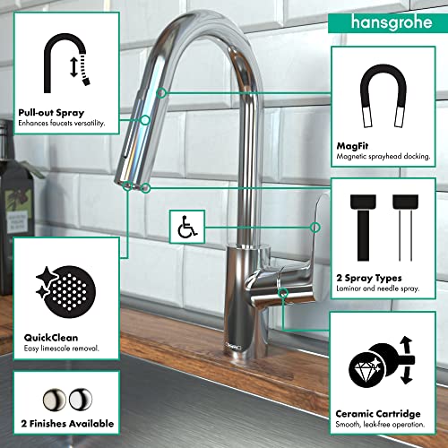 Polished nickel pull-down kitchen faucet with curved spout and dual spray settings.