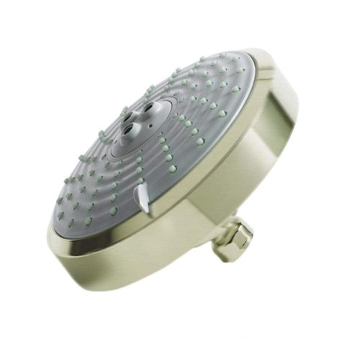 Satin nickel round shower head with multiple spray jets and adjustable control dial mounted on cylindrical arm bracket.