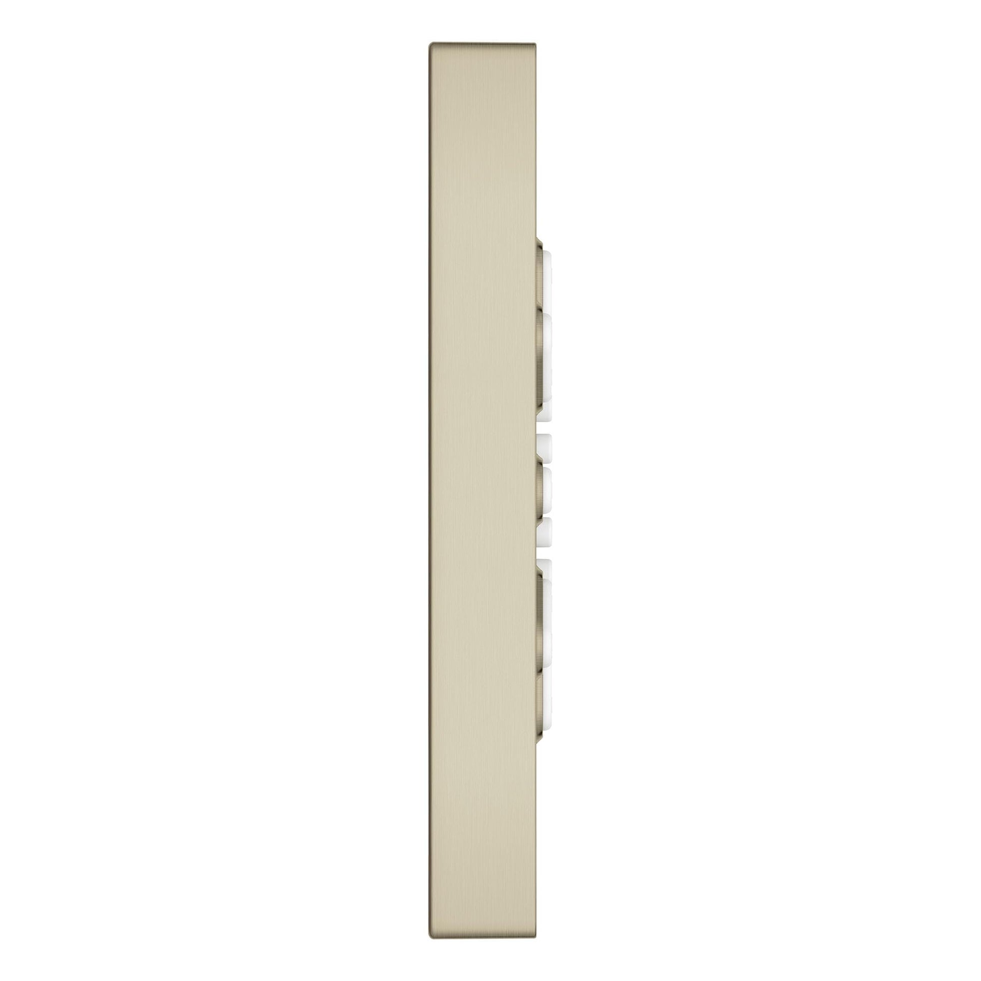 Tall rectangular brushed nickel body spray with two spray nozzles positioned vertically on right side.