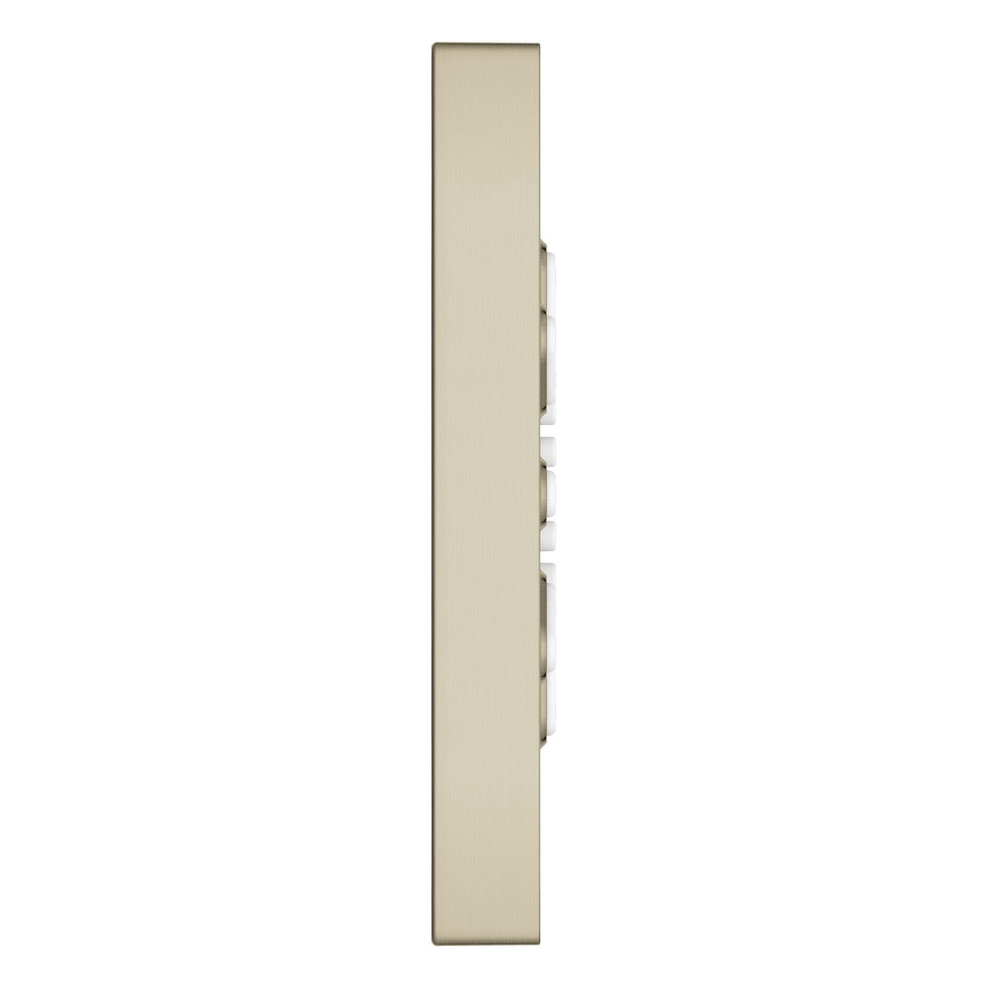 Tall rectangular brushed nickel body spray with two spray nozzles positioned vertically on right side.