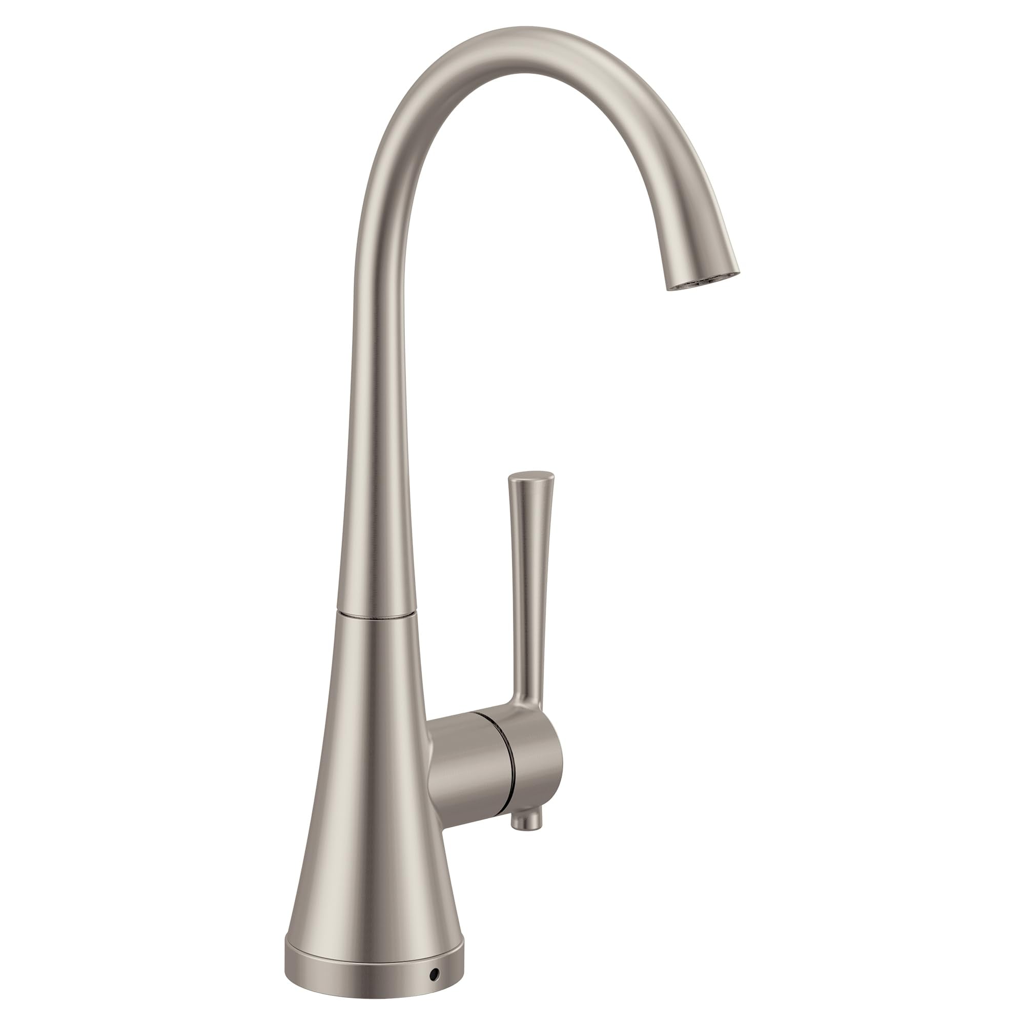 Stainless steel beverage faucet with high arc spout and single side handle on conical base.