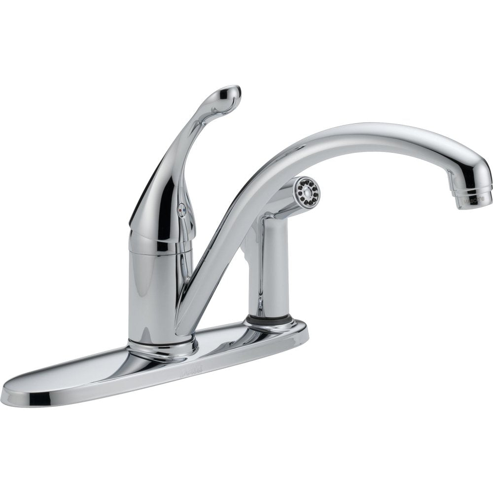 Chrome kitchen faucet with single lever handle, curved spout, and detachable side spray on base plate.