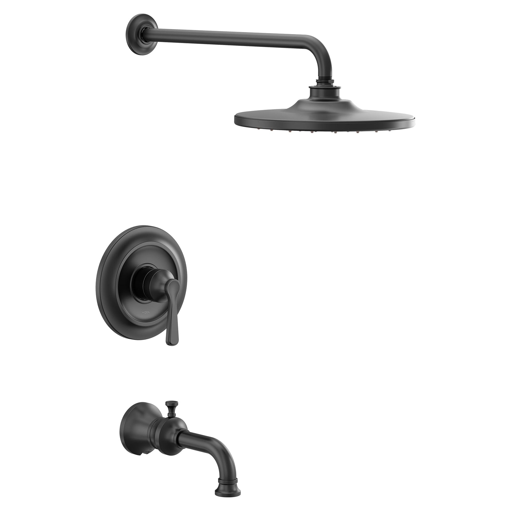 Matte black tub and shower trim kit with single handle valve, showerhead, and spout.