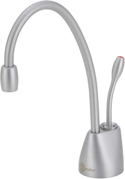Brushed chrome instant hot water dispenser faucet with curved spout and single lever handle.