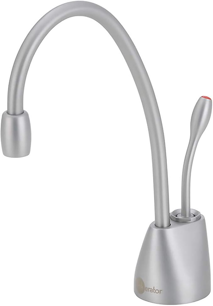 Brushed chrome instant hot water dispenser faucet with curved spout and single lever handle.