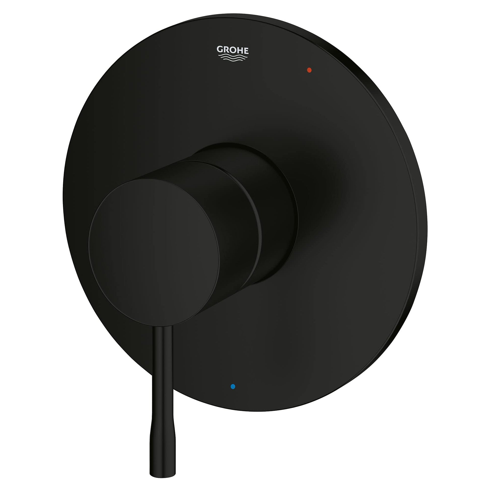 Matte black round pressure balance valve trim with circular escutcheon plate, protruding handle lever, and hot/cold indicator