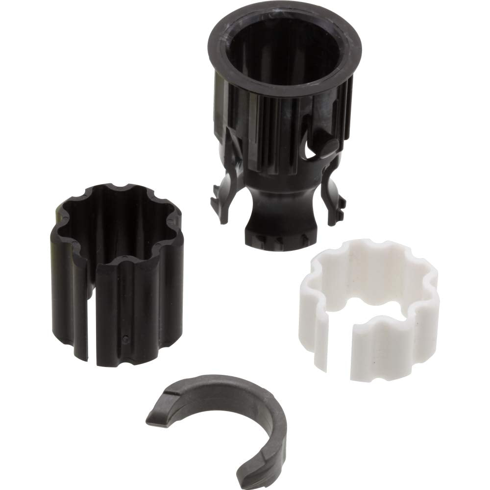 Black and white plastic friction spacers and clip components for Delta kitchen faucet assembly.