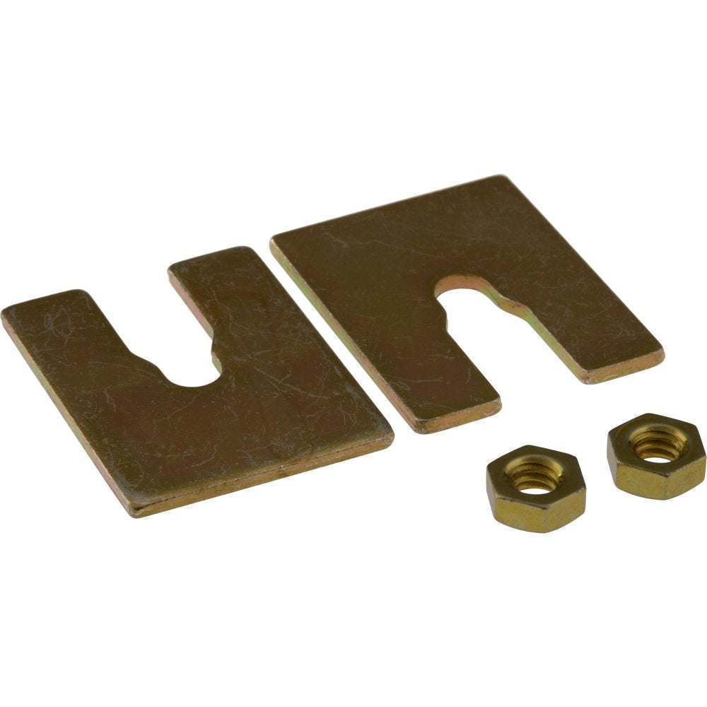 Two brass hexagonal nuts and three metal shim washers with cutout slots, 500 Series components.