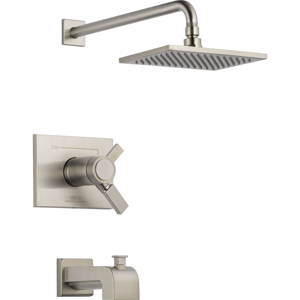 Brushed nickel tub and shower trim with square showerhead, wall-mounted arm, and lever valve control.