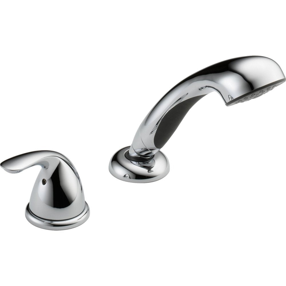 Chrome hand shower with curved spout and two matching control handles for roman tub installation.