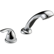 Chrome hand shower with curved spout and two matching control handles for roman tub installation.