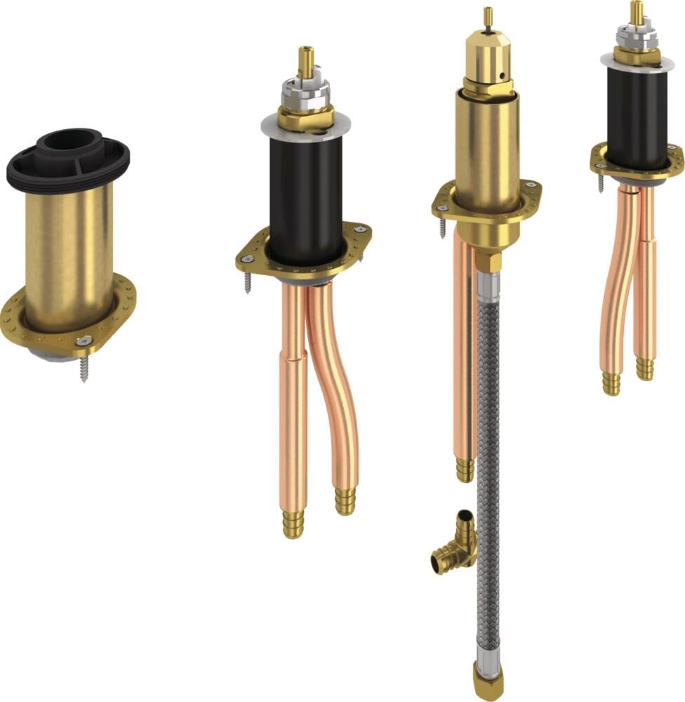Roman tub rough valve components with PEX crimp connections, brass bodies, copper tubing, and mounting brackets.