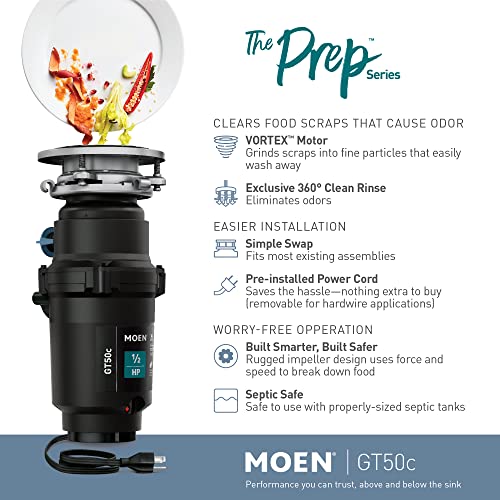 Black Moen GT50C garbage disposal unit with power cord and food waste illustration above showing vortex motor action.