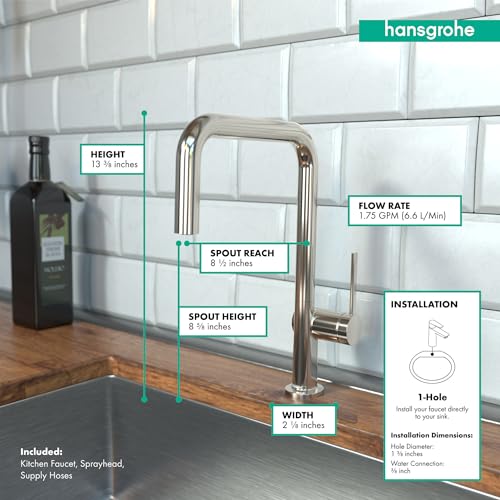 Polished nickel U-shaped kitchen faucet with single spray head, 8.75-inch spout height, mounted on sink counter with white su