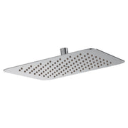 Chrome rectangular rainshower head with evenly spaced perforations and side-mounted connection arm.