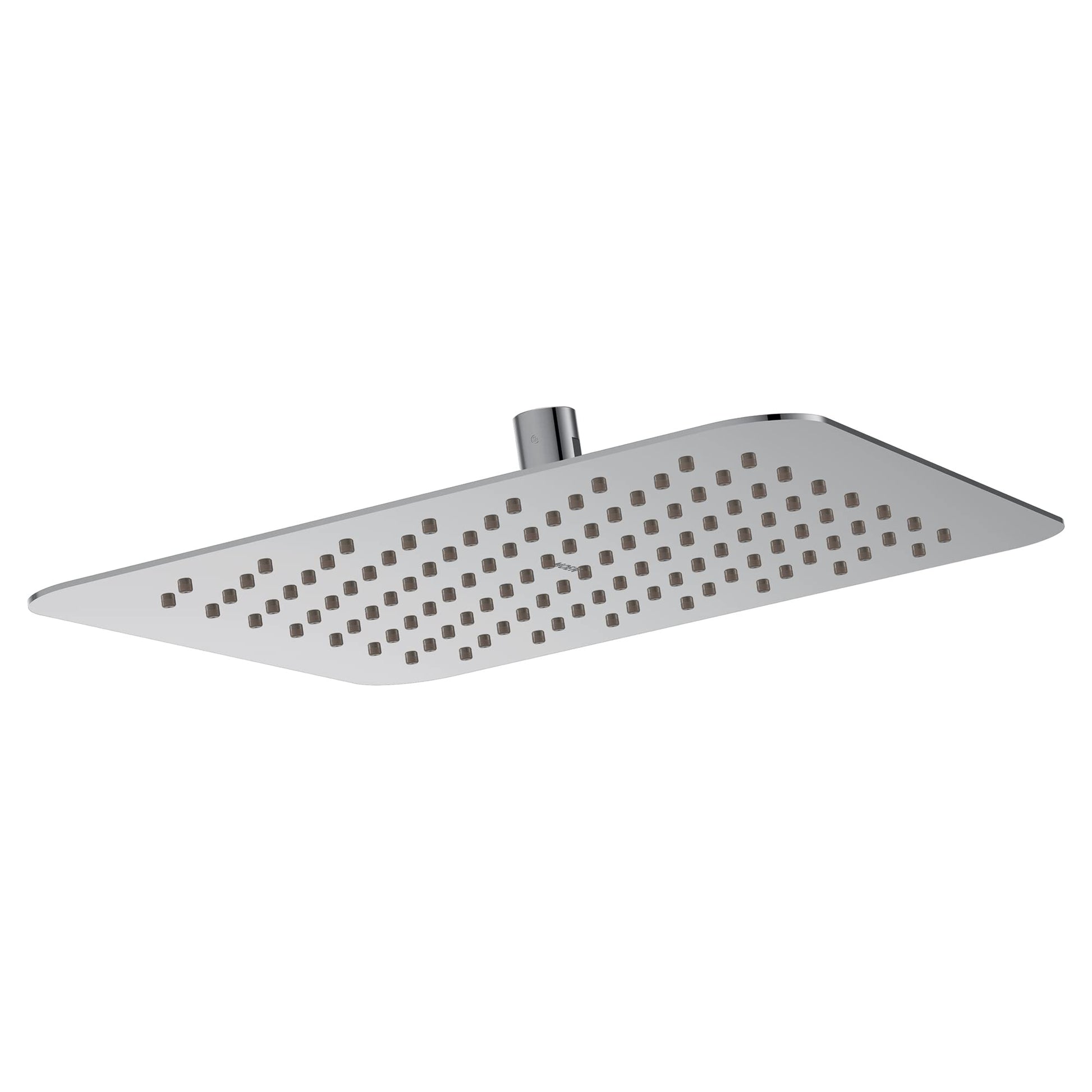 Chrome rectangular rainshower head with evenly spaced perforations and side-mounted connection arm.