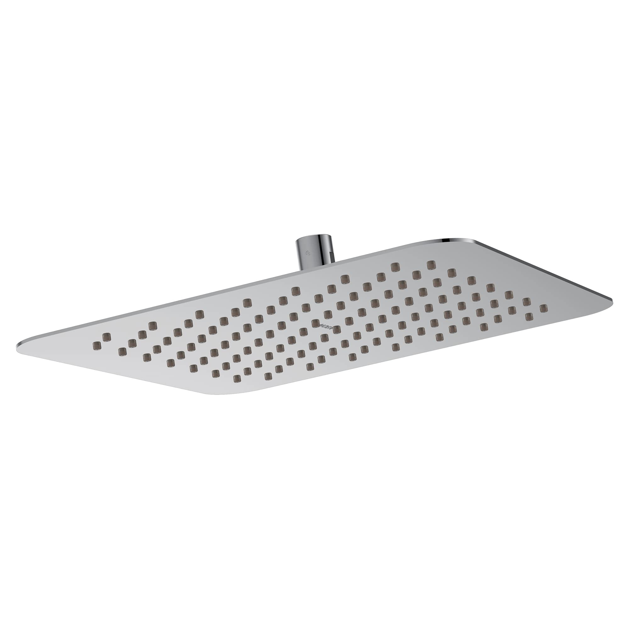 Chrome rectangular rainshower head with evenly spaced perforations and side-mounted connection arm.