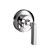 Chrome shower valve trim with circular escutcheon plate and rectangular lever handle.