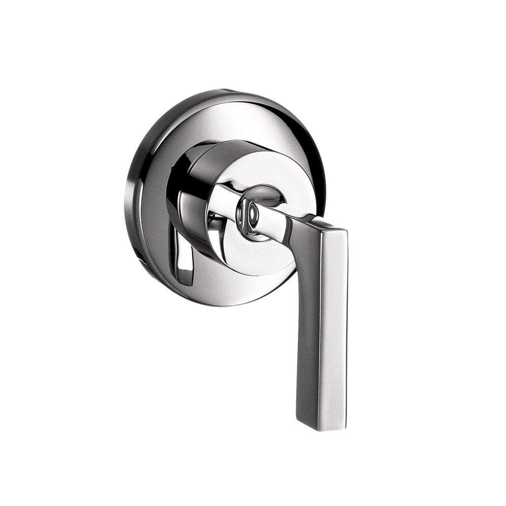 Chrome shower valve trim with circular escutcheon plate and rectangular lever handle.