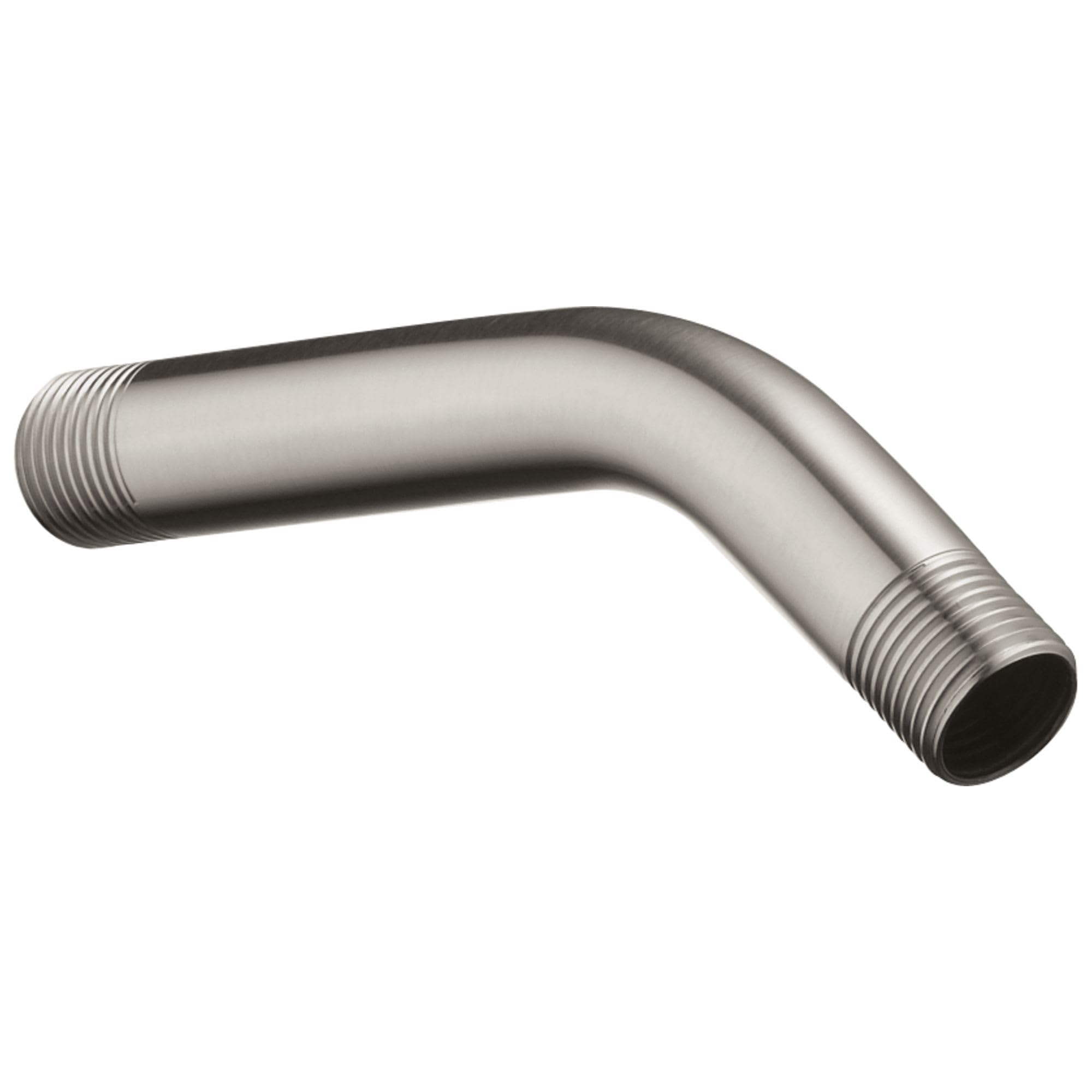 Stainless steel curved shower arm with threaded connections on both ends.