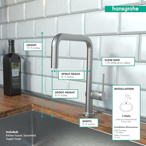 Steel optic U-shaped kitchen faucet with high arc spout and single spray head mounted on sink counter.