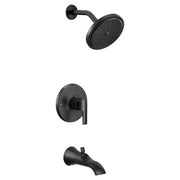Matte black single-handle tub and shower trim with round showerhead, wall-mounted valve, and curved tub spout.