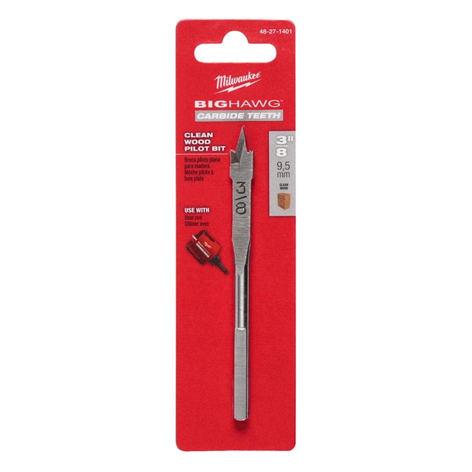 Milwaukee BIG HAWG carbide teeth clean wood pilot bit, 3 inch length, 9.5mm diameter, on red packaging.