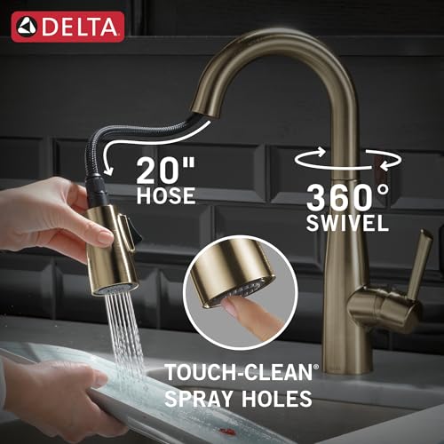 Champagne bronze single-handle pull-down faucet with 20" hose, 360° swivel spout, and touch-clean spray holes.