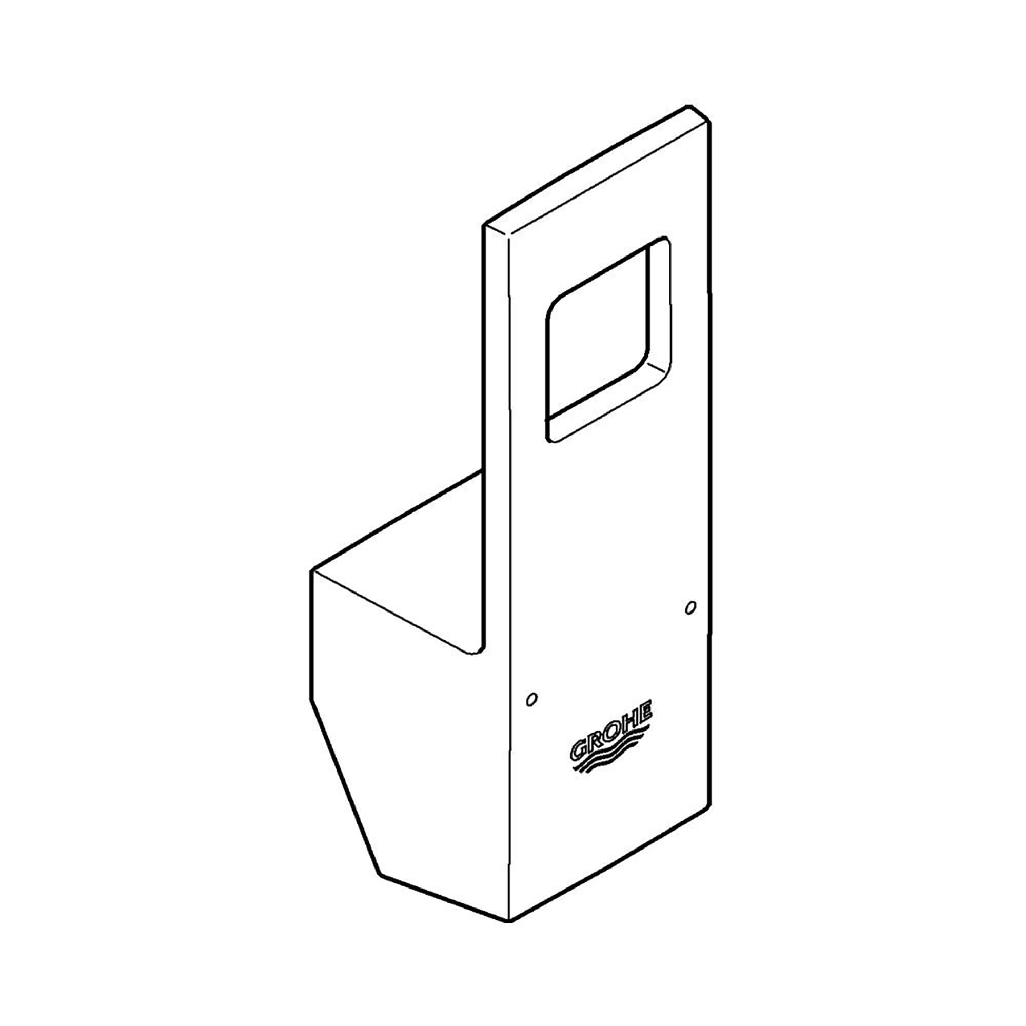 Grohe Supersteel lever handle with rectangular mounting plate and escutcheon cutout, shown in isometric technical drawing.
