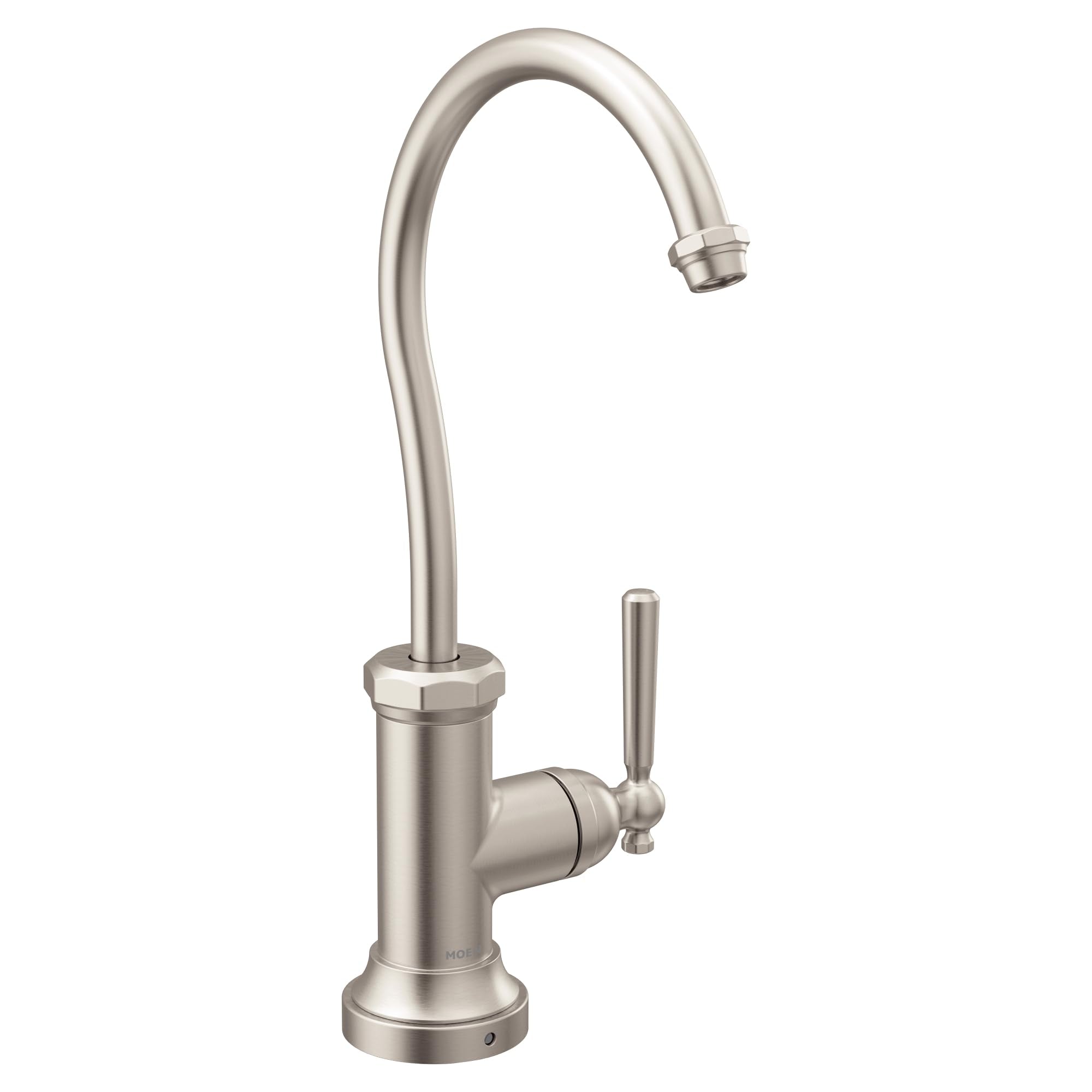 Spot resist stainless steel kitchen faucet with curved spout and single lever handle.