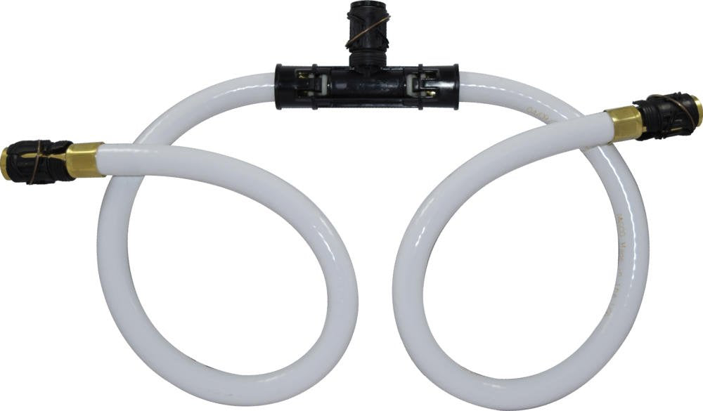 White flexible hose assembly with black quick-connect fittings and brass connectors on both ends, featuring a black central v