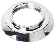 Chrome-finished round escutcheon with raised center ring and recessed opening.