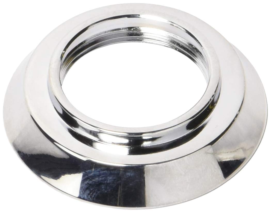 Chrome-finished round escutcheon with raised center ring and recessed opening.