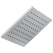 Square metal raincan shower head with multiple spray holes arranged in rows across the surface.