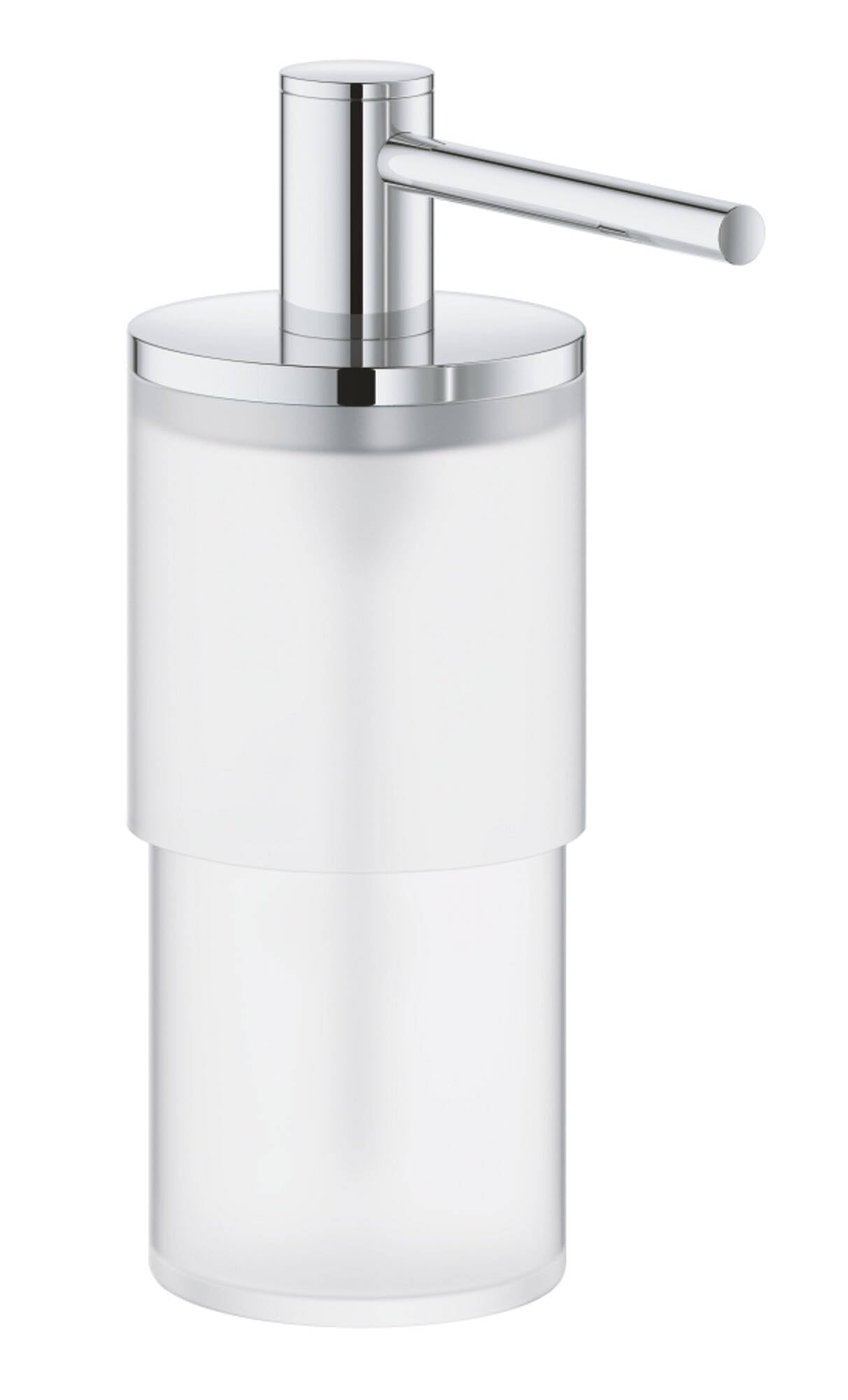 Chrome soap dispenser with white cylindrical container and horizontal pump lever.