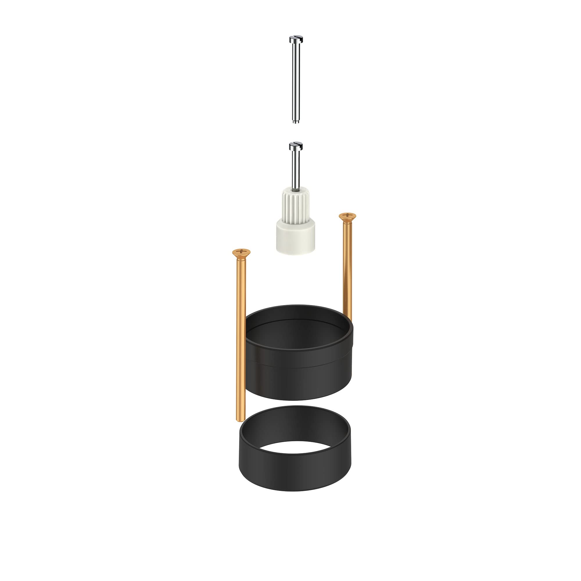Chrome extension rods, white cartridge component, brass stems, and black cylindrical rings for 2-handle pressure balance valv