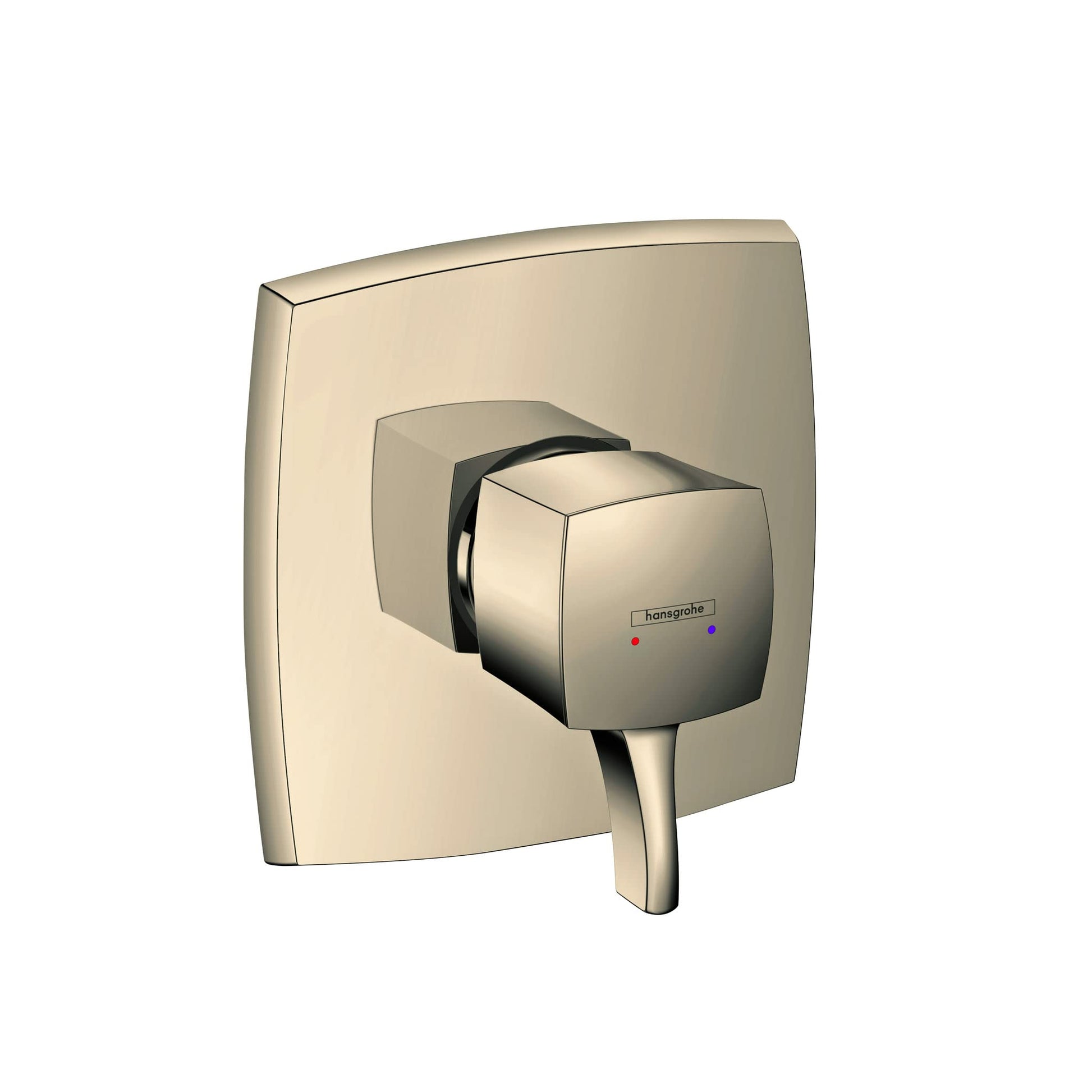 Polished nickel square pressure balance valve trim with integrated handle and indicator dots.