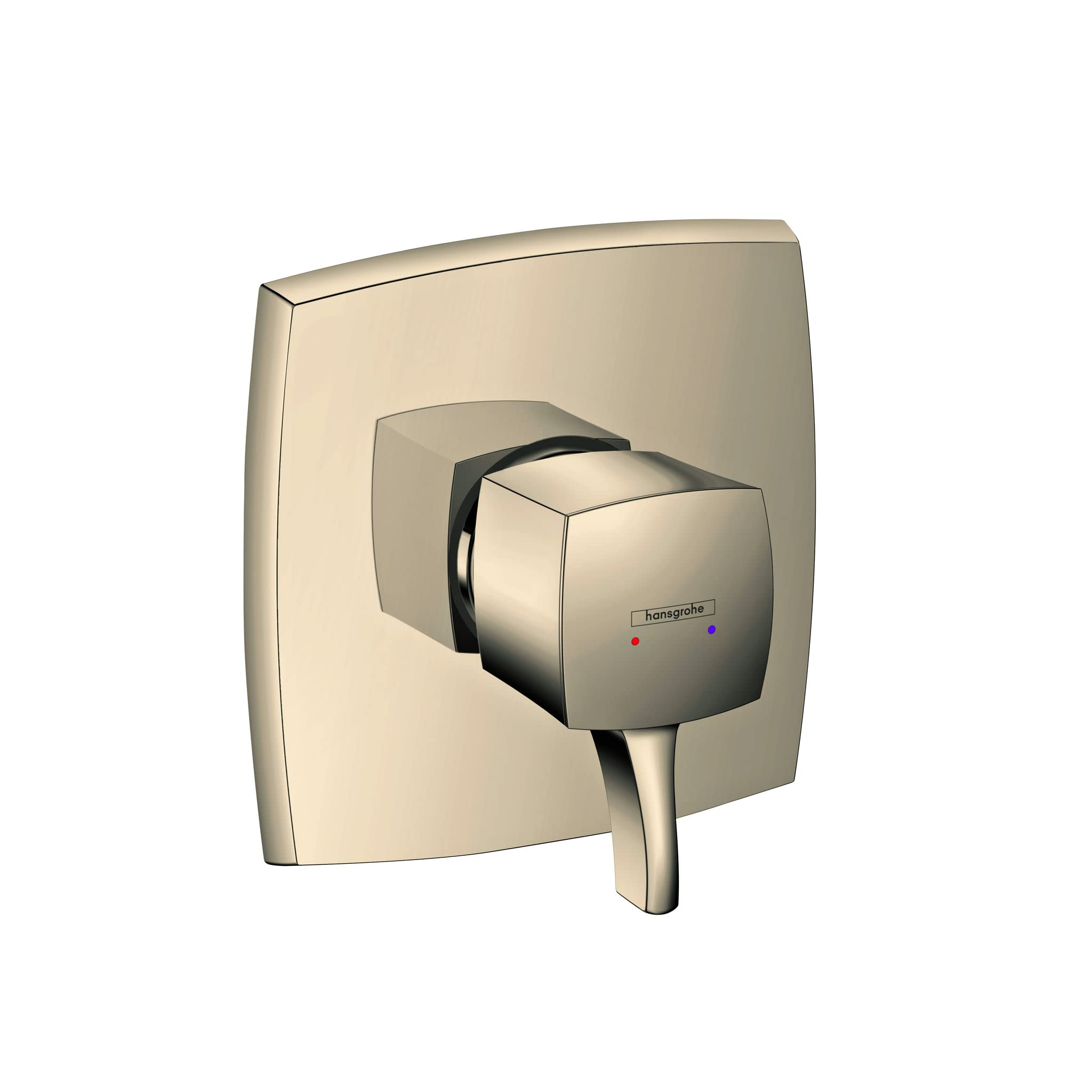 Polished nickel square pressure balance valve trim with integrated handle and indicator dots.