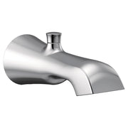 Chrome tub spout with curved body, diverter knob on top, and angled outlet.