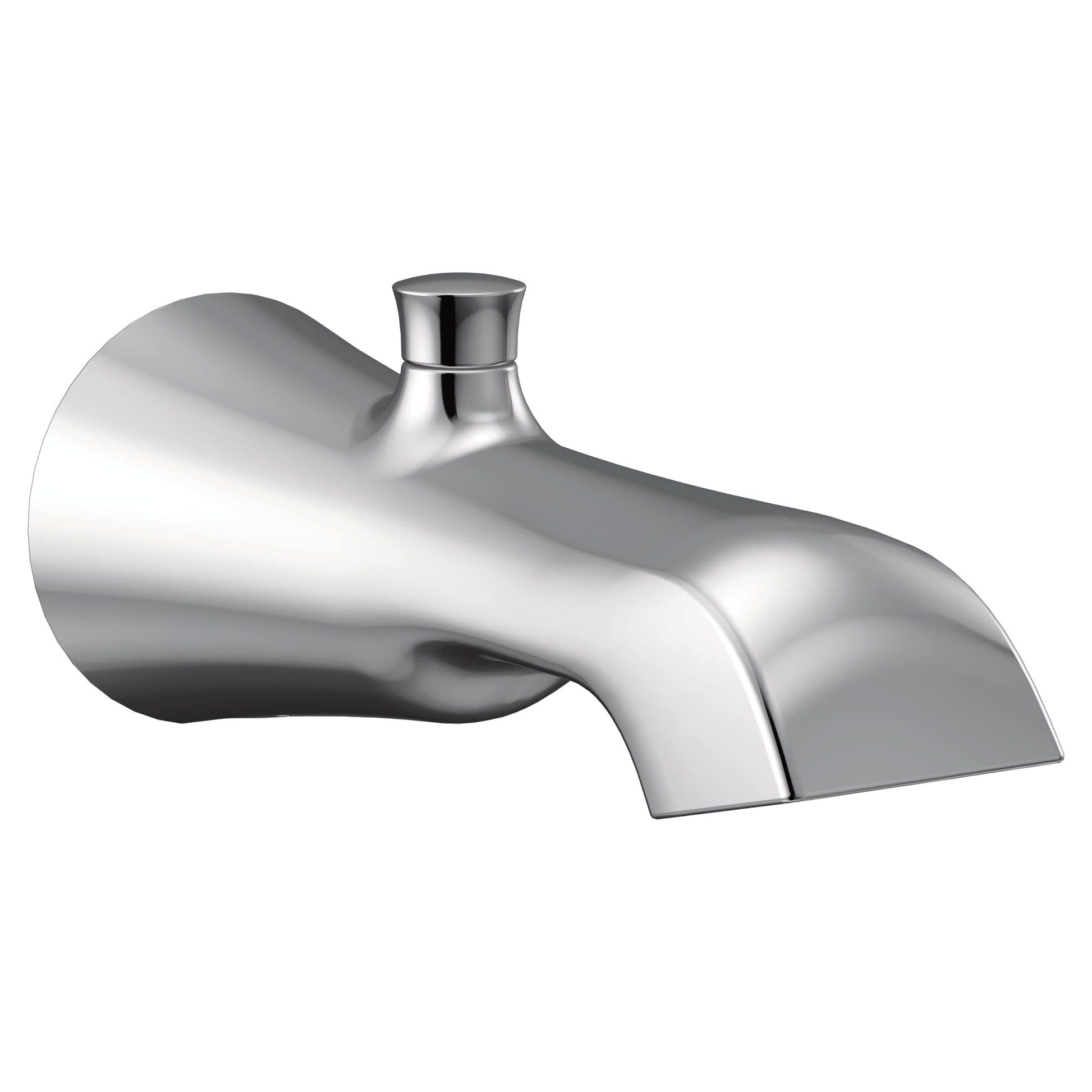 Chrome tub spout with curved body, diverter knob on top, and angled outlet.