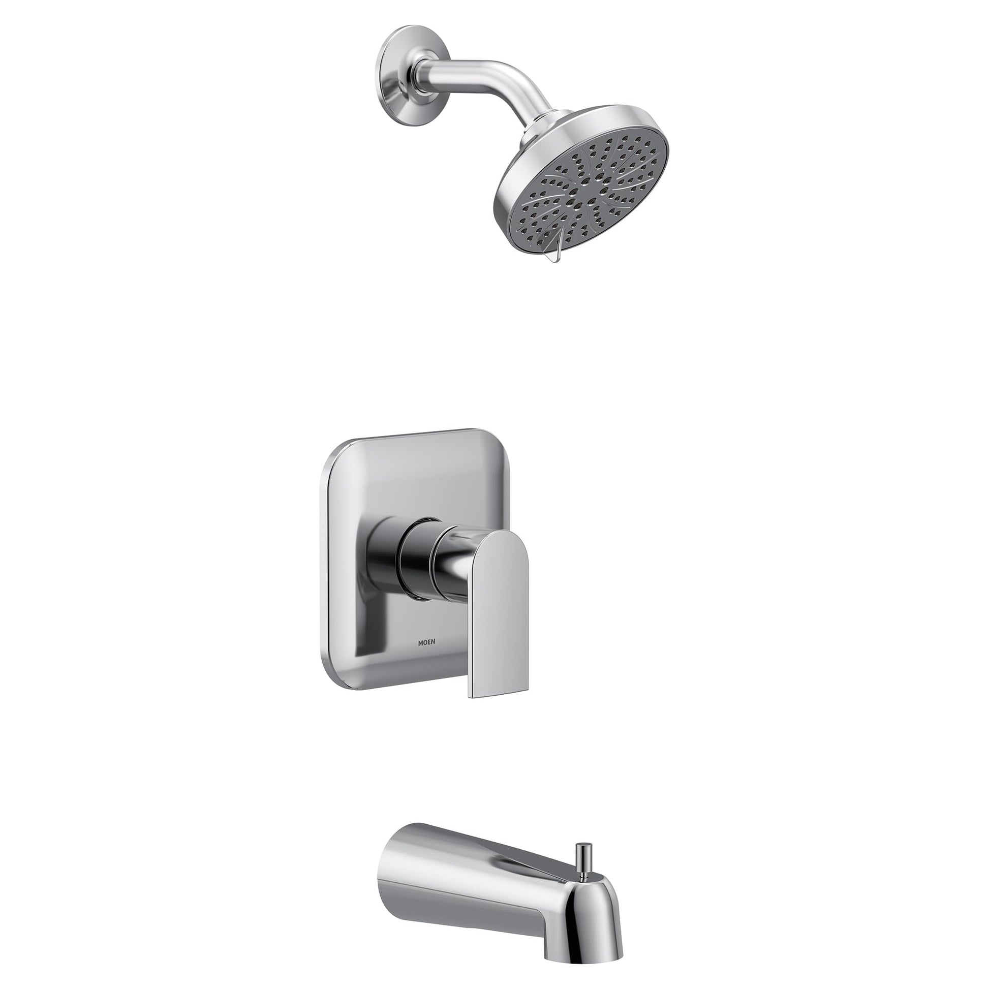 Chrome tub and shower trim kit with single handle valve, round showerhead, and tub spout.