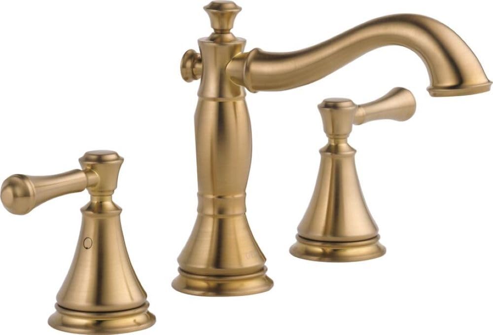Champagne bronze widespread bathroom faucet with two handles, curved spout, and conical base.