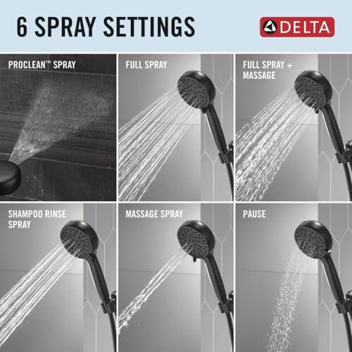 Matte black hand shower head displaying six spray settings: ProClean, full spray, full spray with massage, shampoo rinse, mas