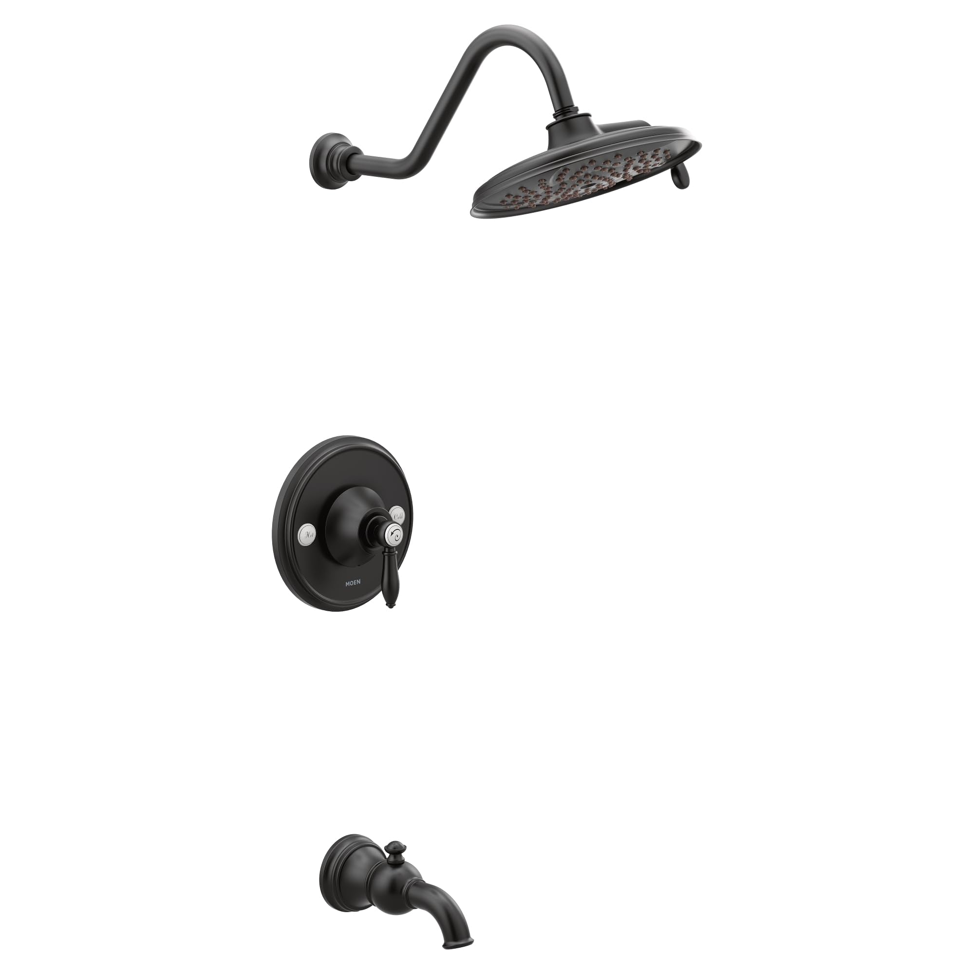 Matte black shower trim kit with curved rainshower head, wall-mounted valve, and tub spout.