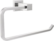 Chrome towel ring with square mounting bracket and curved open ring for hanging towels.