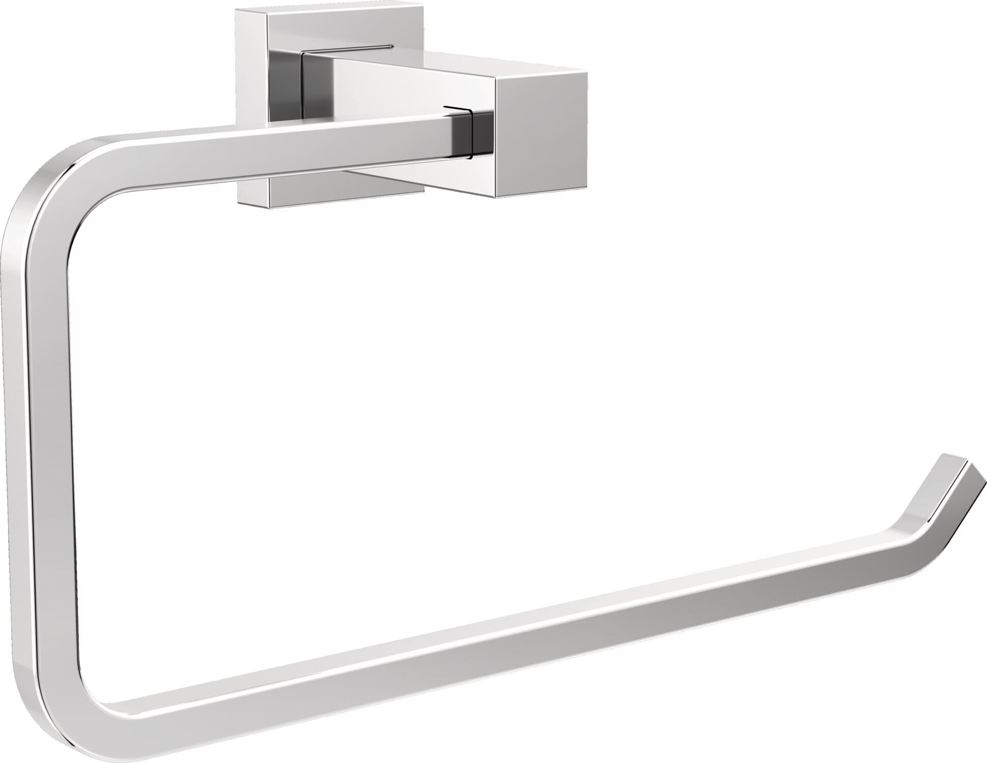 Chrome towel ring with square mounting bracket and curved open ring for hanging towels.