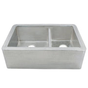 Brushed nickel farmhouse sink with two equal basins and hammered copper interior finish, viewed from above.