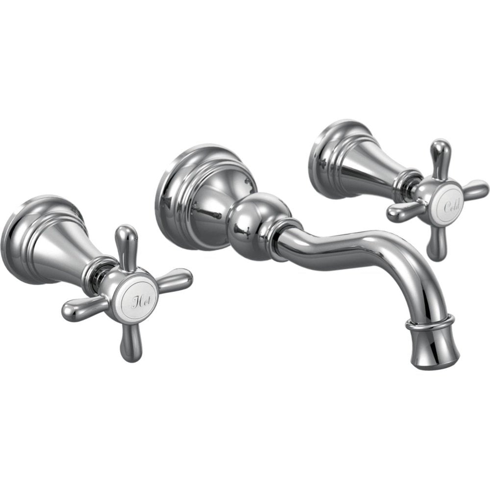 Wall-mounted bathroom faucet trim with curved spout and cross handles in polished chrome finish.