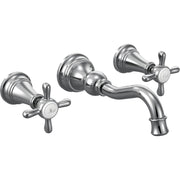 Wall-mounted bathroom faucet trim with curved spout and cross handles in polished chrome finish.