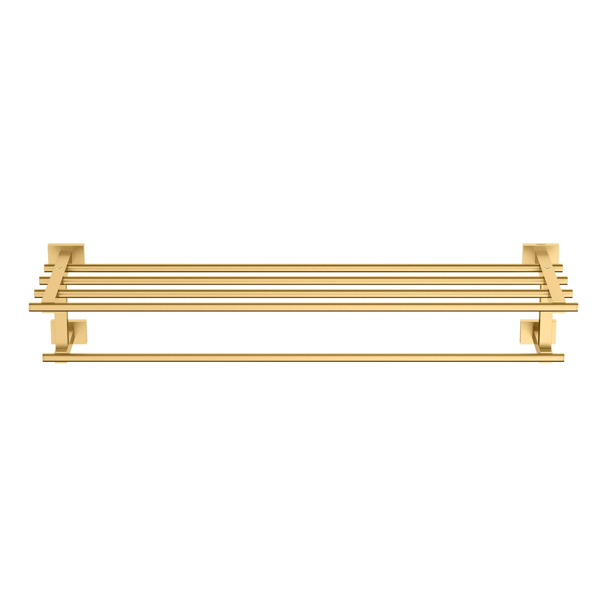 Grohe Essentials Cube multi-towel rack with brushed gold finish and multiple horizontal bars mounted on wall brackets.